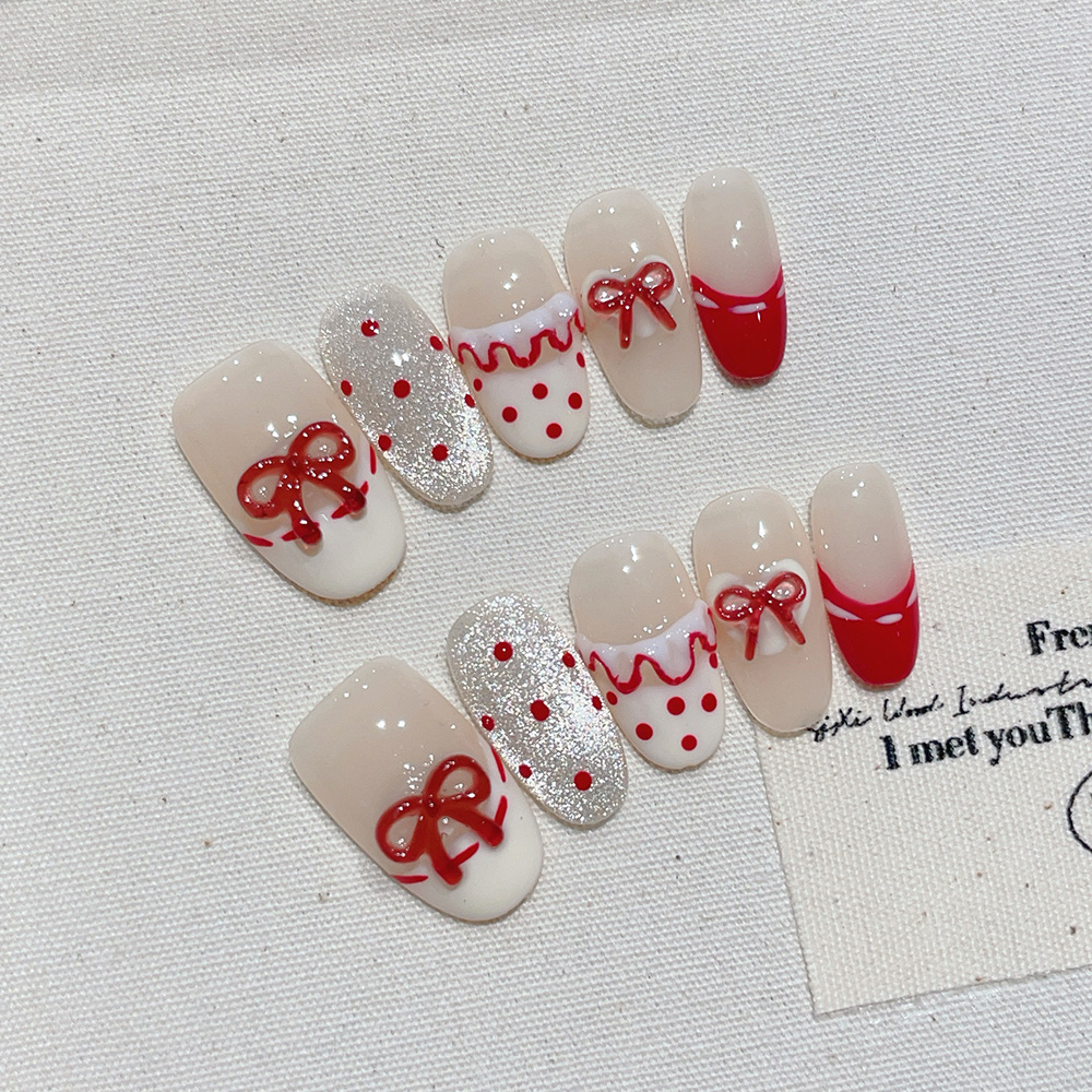 Nail Art Red - 10 stuks korte ovale handgemaakte opdruknagels,