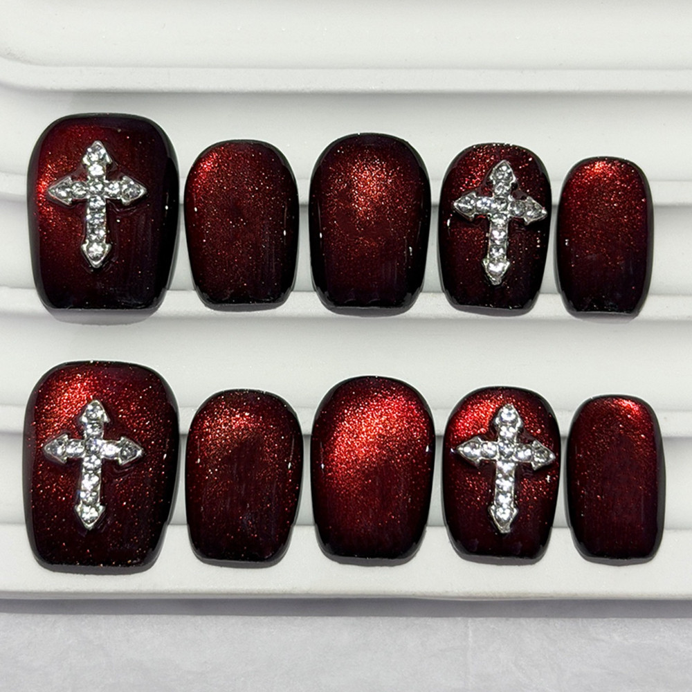 Nail Art Red - 10 stuks donkerrode kattenoog handgemaakte opzetnagels