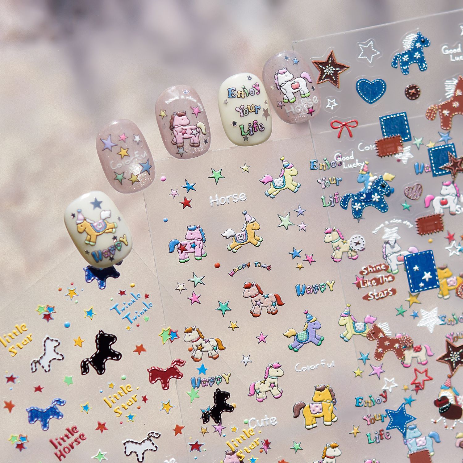 Nail Art Denim - Retro denim pony paard patchwork pentagram