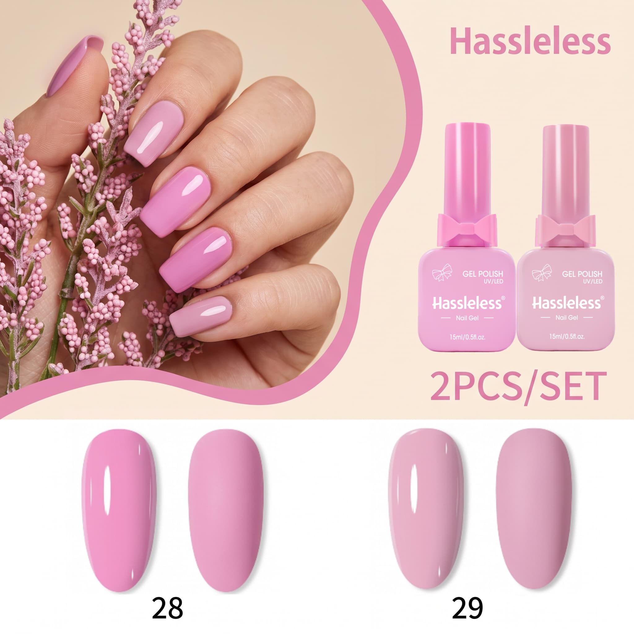 Nail Art Pink Soft - Probleemloze 2-delige zachte kersenbloesemroze en taro-roze