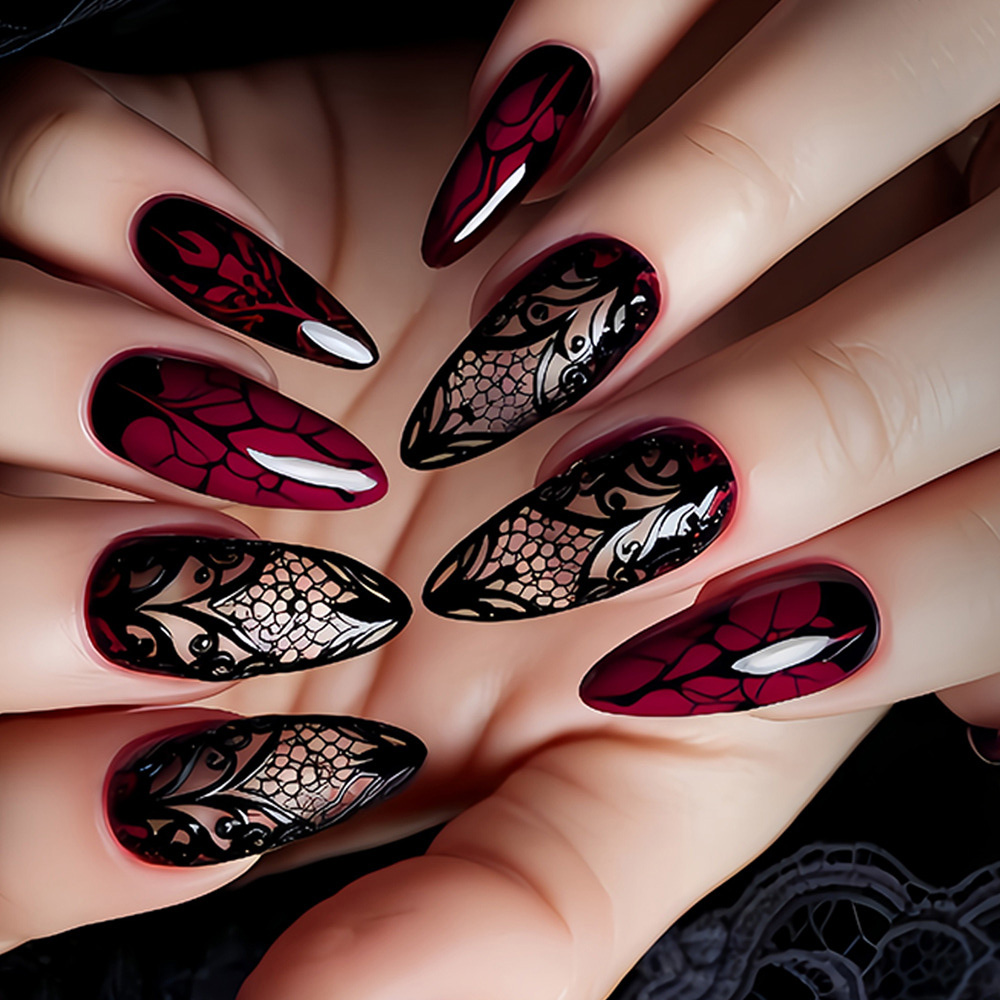 Nail Art Red - Medium nepnagels voor vrouwen, donkerrood, zwart,