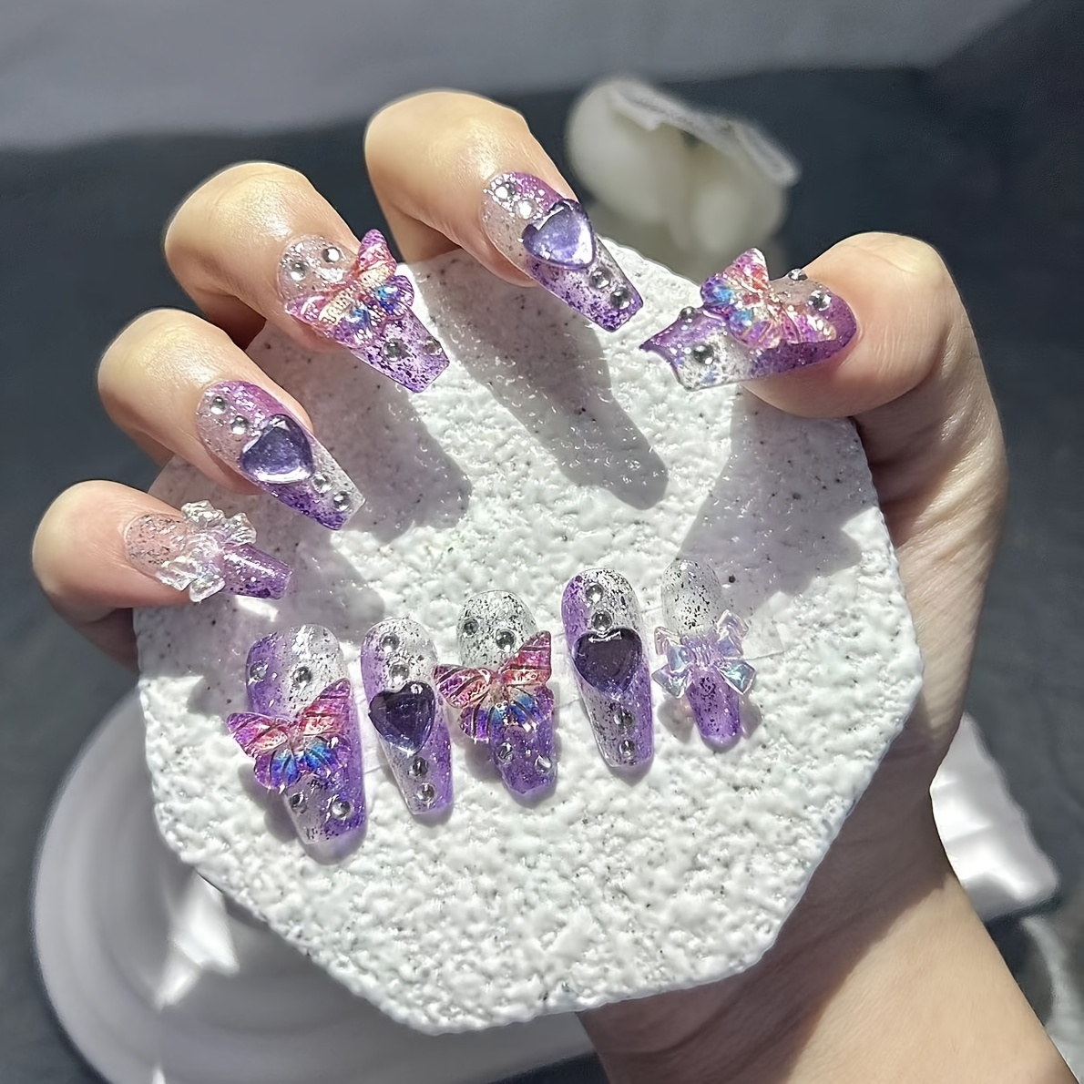 Nail Art Red - 10-delige paarse fantasie vlinder nepnagels hart